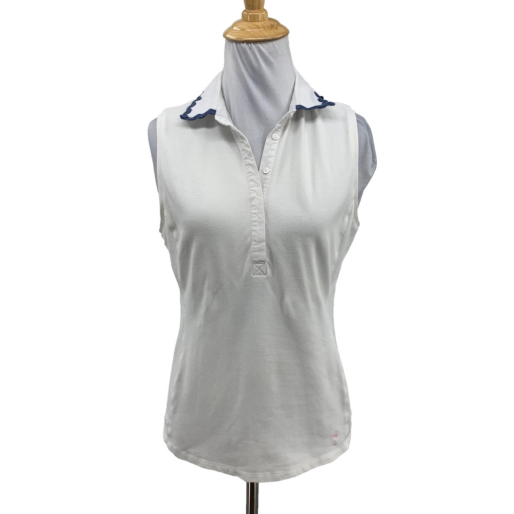 Golftini Polo Top Womens M Medium Sleeveless Stretch Pique Cotton Ric Rac Trim